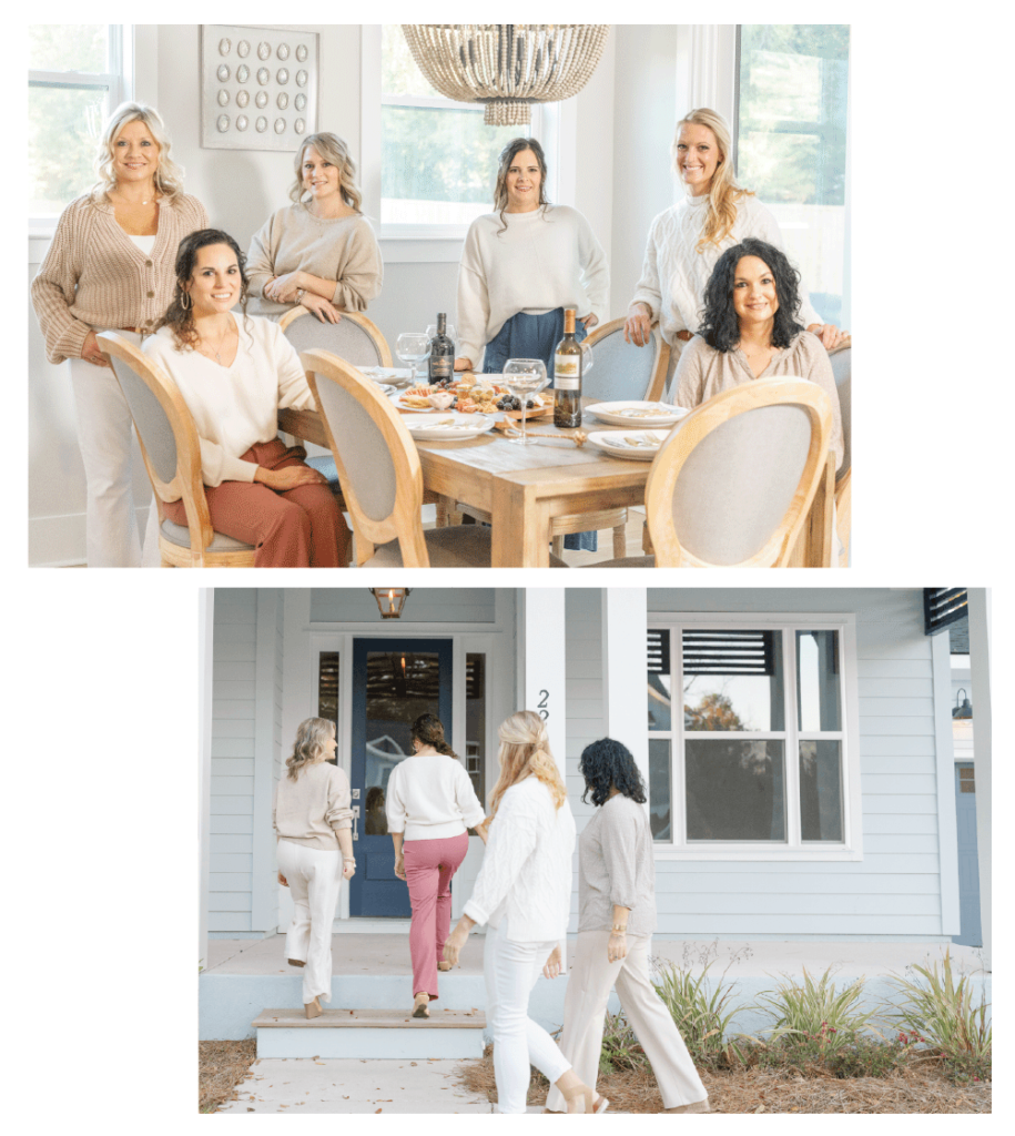 the members of the elevate team sitting around a table and the members of the elevate team walking up the stairs of a porch
